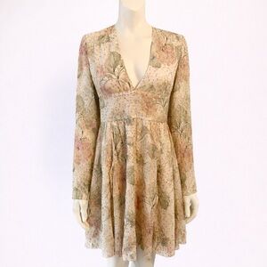 RED Valentino Floral V-Neck Long Sleeve Mini Dress in Light Beige